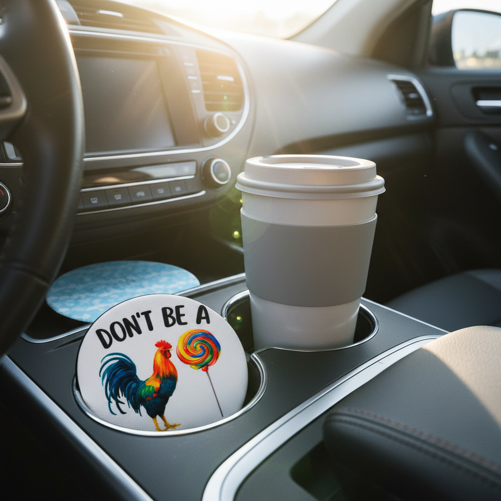 Don't Be A Rooster Sucker coasters in a car cup holder with coffee