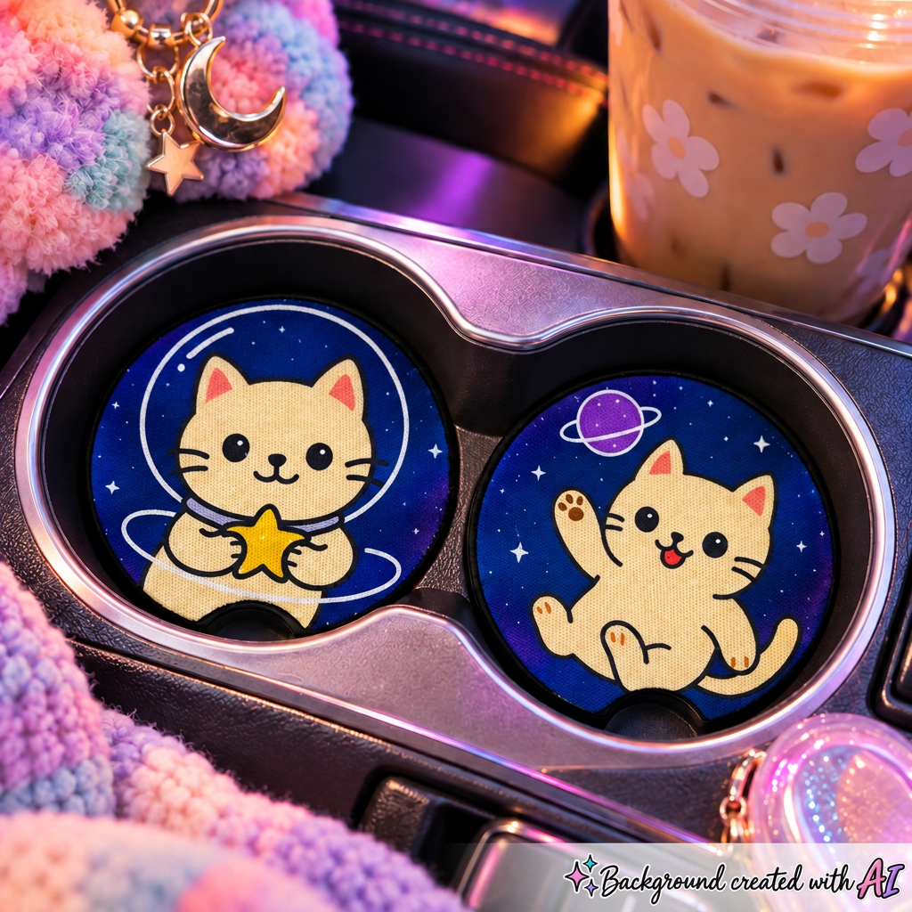 Two round car cup holders with cute cartoon cat space designs, shown installed in a car center console next to a drink and cozy fuzzy accessories.