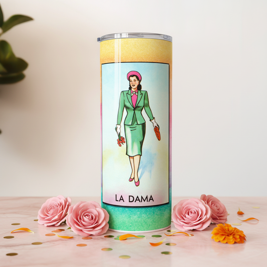 Loteria LA DAMA tumbler upright lifestyle photo