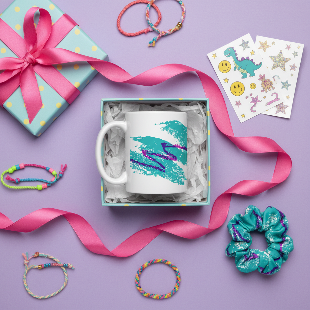Retro 90s Jazz cup mug gift flat lay with scrunchie and friendship bracelets