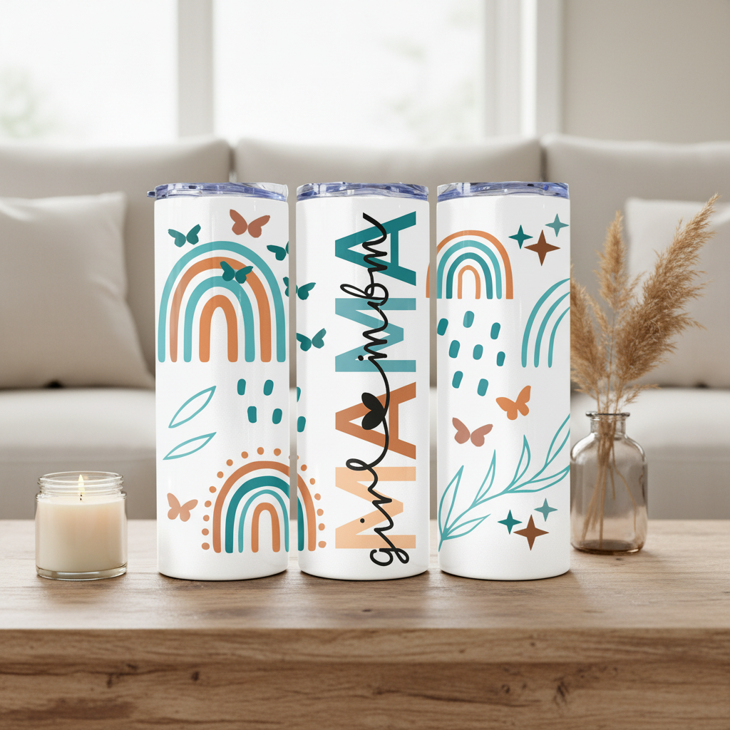 Boho Girl Mama tumbler in a warm boho home setting with pampas grass and candle