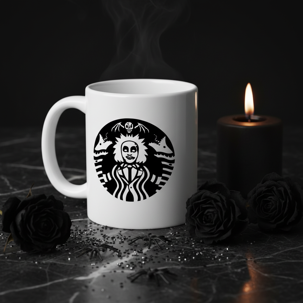 Starbeetle Black Beetlejuice mug Halloween lifestyle photo