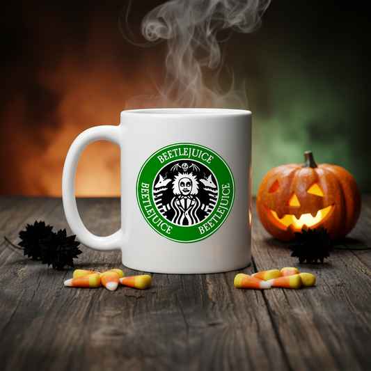 Starbeetle Coffee Beetlejuice Green 11 oz Coffee Mug, Spooky Halloween Tea Cup, Horror Movie Fan Gift