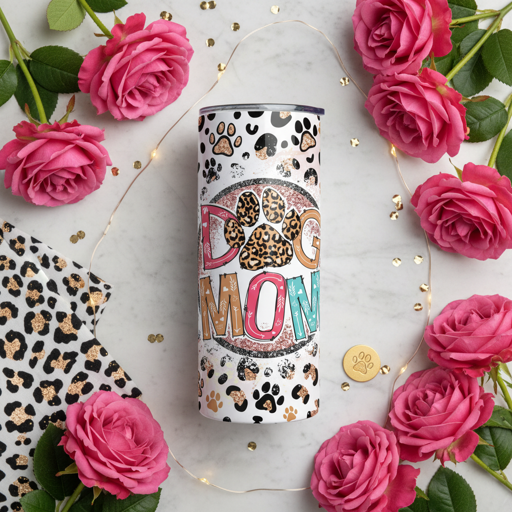 Dog Mom Leopard Print tumbler lifestyle flat lay