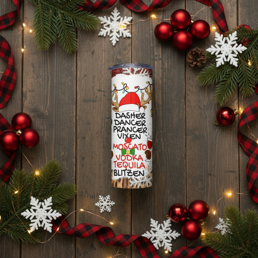 Drunk Reindeer Names 20 oz Tumbler lifestyle flat lay with holiday props