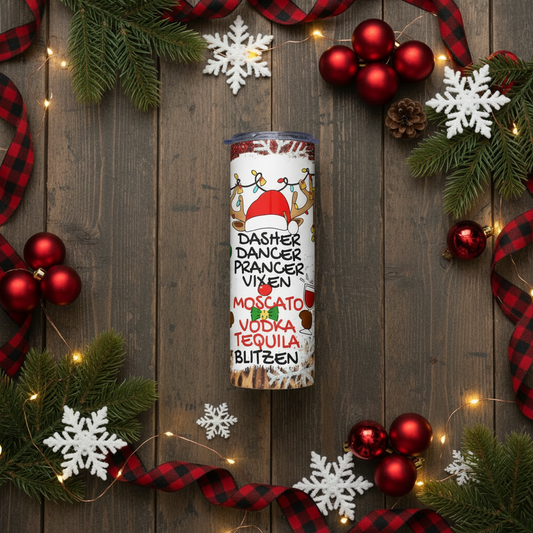Drunk Reindeer Names 20 oz Tumbler lifestyle flat lay with holiday props