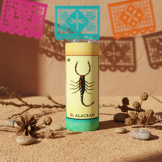 Loteria EL ALACRAN tumbler upright lifestyle photo