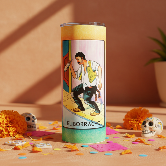 Loteria EL BORRACHO tumbler upright lifestyle photo