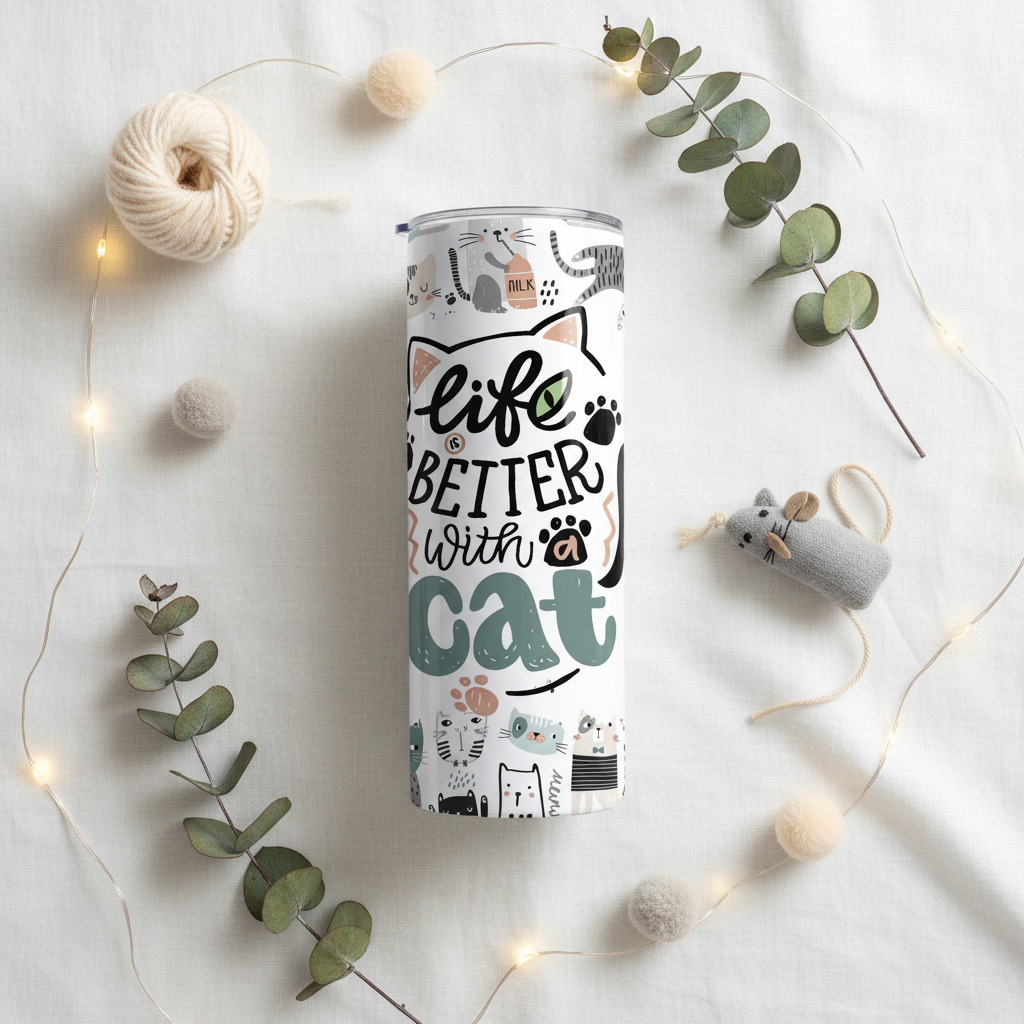 Life Is Better With A Cat tumbler lifestyle flat lay