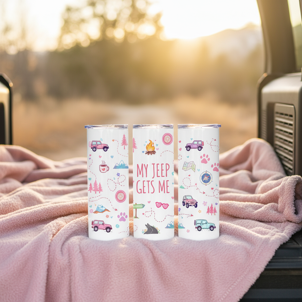My Jeep Gets Me cutesy tumbler on a pink blanket in a Jeep outdoors