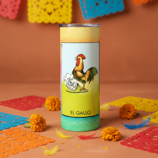 Loteria EL GALLO tumbler upright lifestyle photo