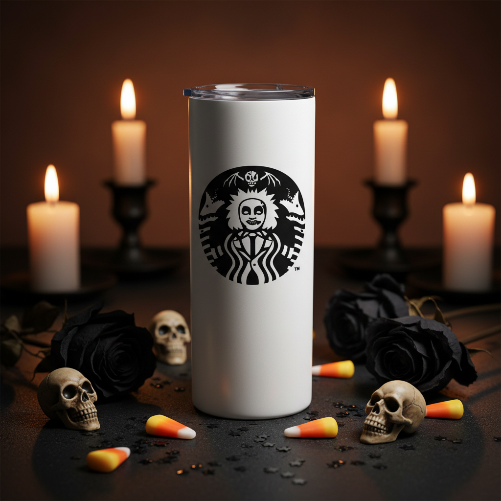 Starbeetle Black Beetlejuice tumbler Halloween lifestyle photo