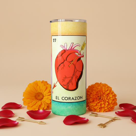 Loteria EL CORAZON tumbler upright lifestyle photo