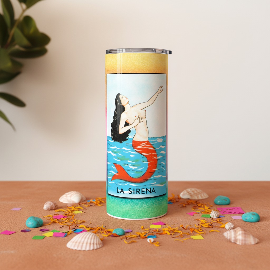 Loteria LA SIRENA tumbler upright lifestyle photo