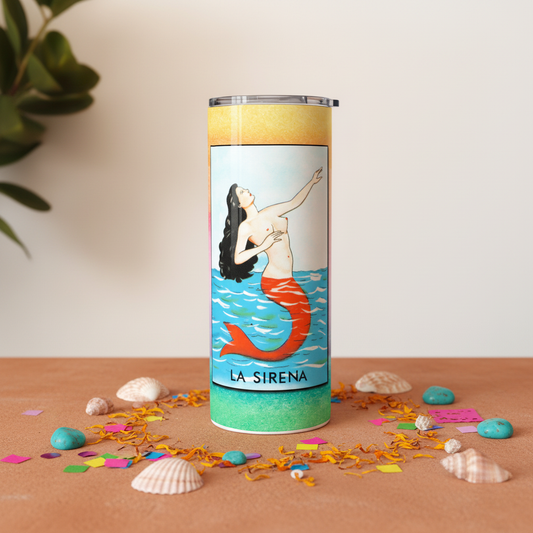 Loteria LA SIRENA tumbler upright lifestyle photo
