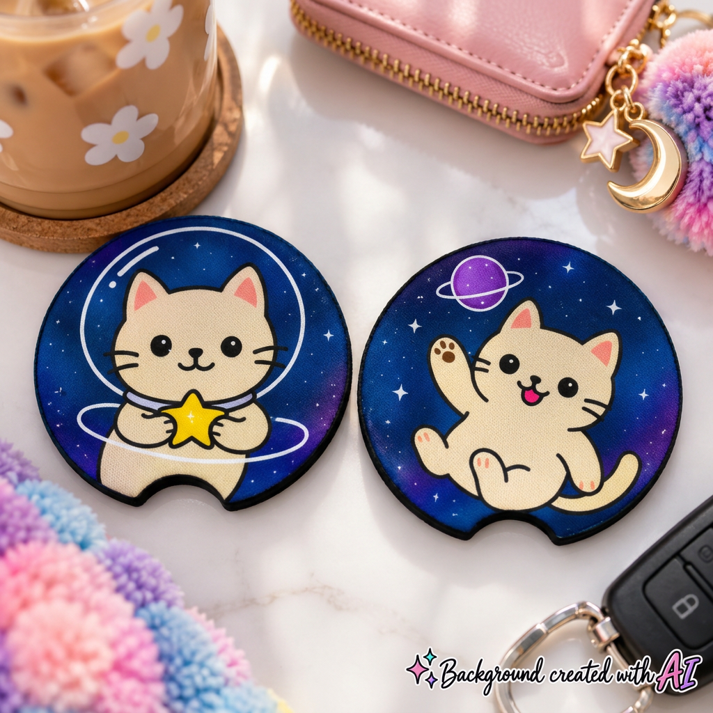 Galaxy Cats Car Coasters Set of 2, Neoprene Cup Holder Inserts, Cute Space Celestial Kitty Auto Accessory Gift