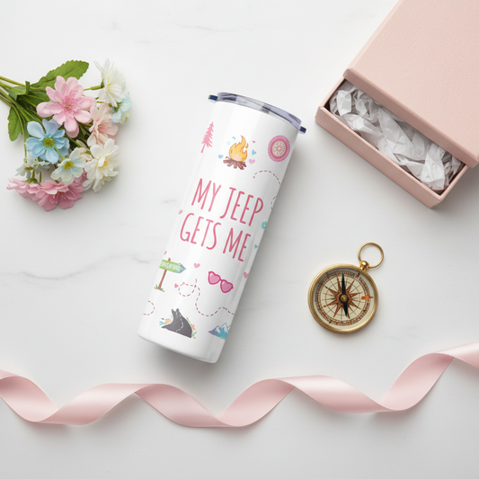 My Jeep Gets Me cutesy tumbler gift flat lay with wildflowers and compass