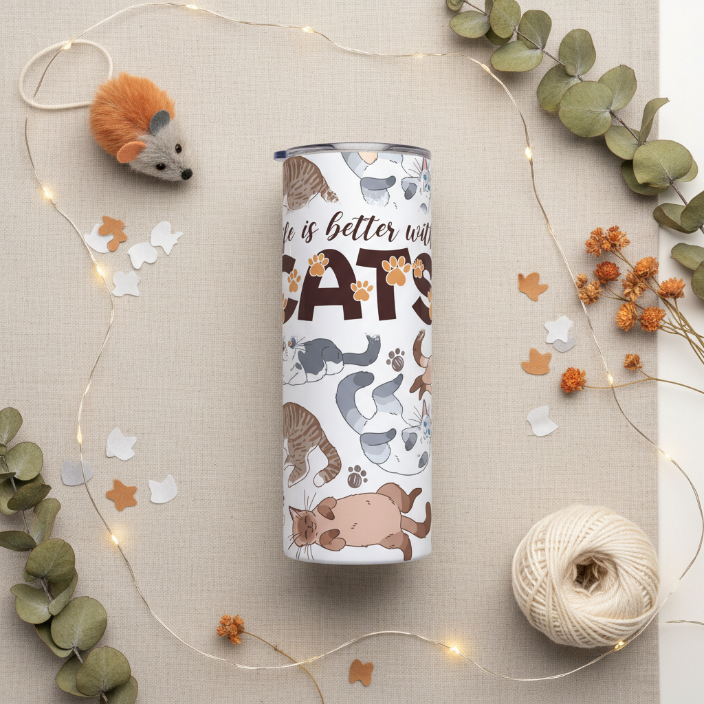 Life Is Better With Cats tumbler lifestyle flat lay