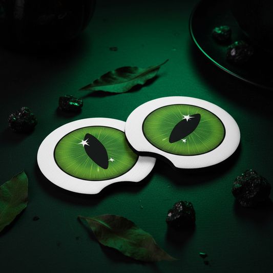 Green Goth Eye neoprene car coasters set of 2 with bottom notch lifestyle photo