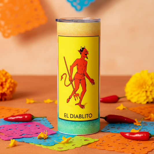 Loteria EL DIABLITO tumbler upright lifestyle photo