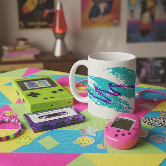 Retro 90s Jazz cup mug in a nostalgic 90s setting with cassette and Gameboy