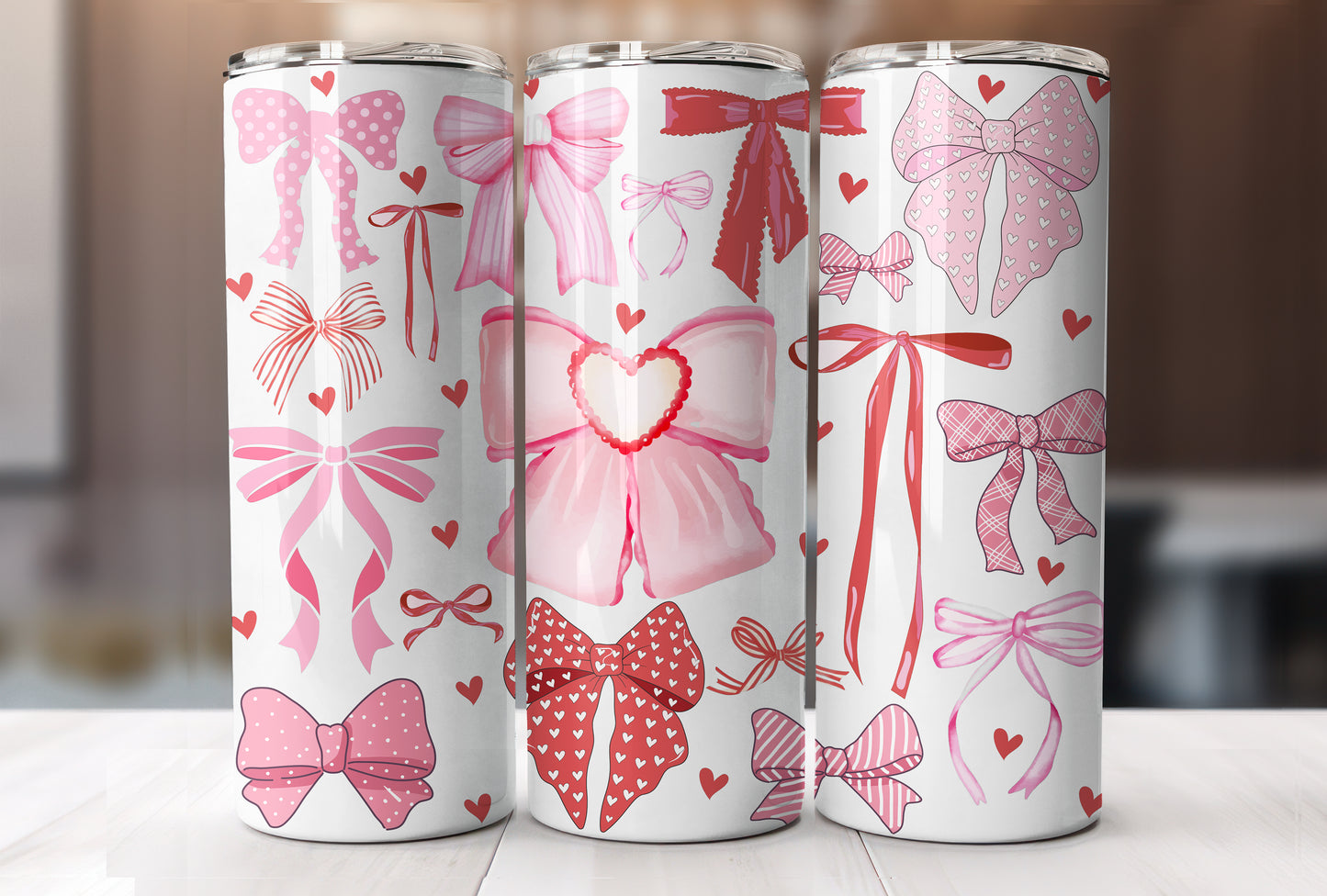 Valentine Pink Bows Coquette, Valentine's Day Cute Cup With Lid And Straw 20 oz Skinny Tumbler