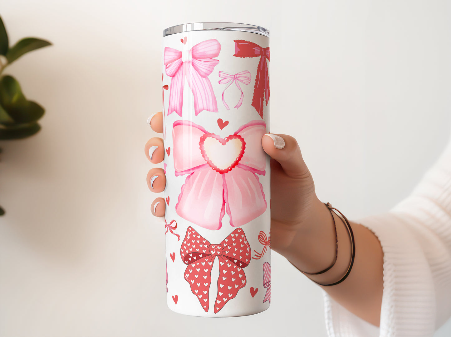 Valentine Pink Bows Coquette, Valentine's Day Cute Cup With Lid And Straw 20 oz Skinny Tumbler