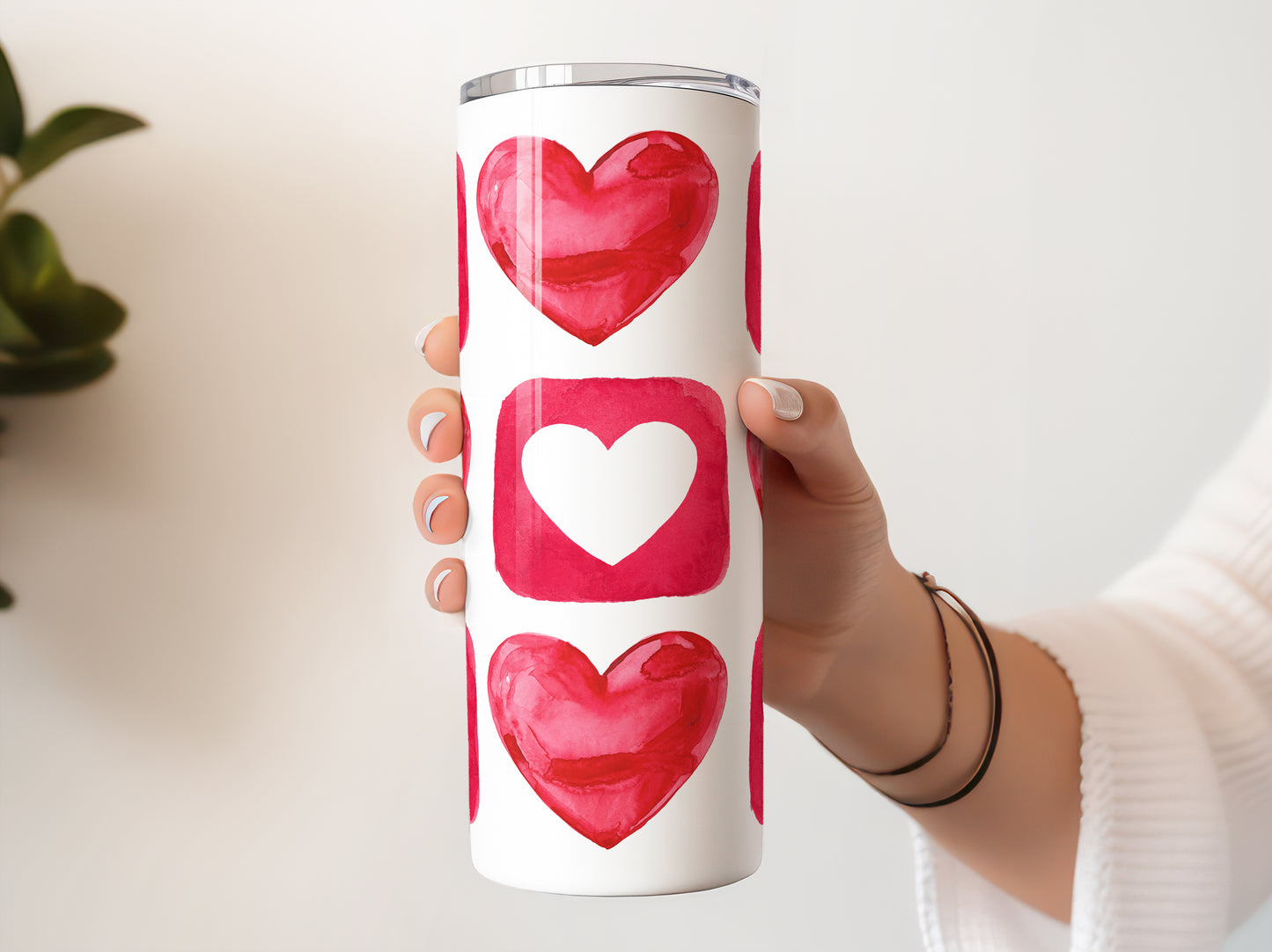 Valentine Watercolor Hearts, Valentine's Day Cute Cup With Lid And Straw 20 oz Skinny Tumbler